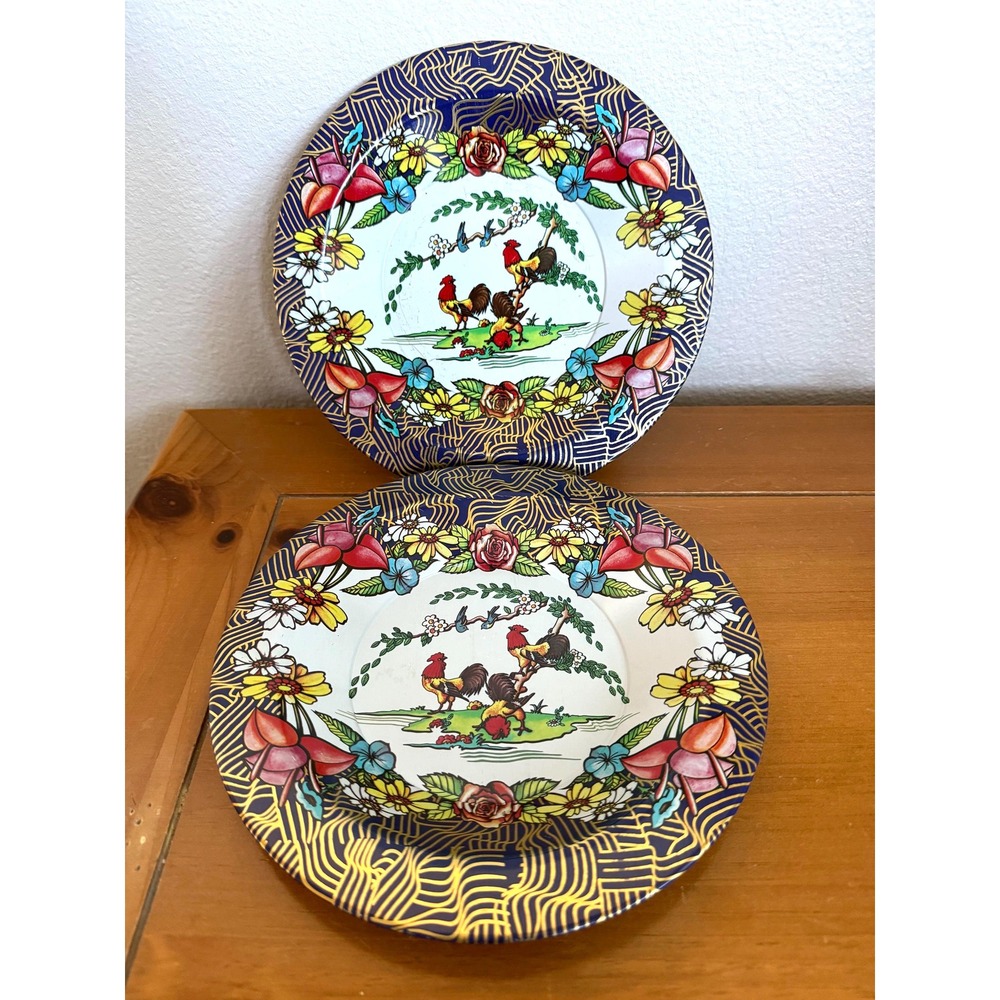 Vintage Action‎ Industries Brazil Rooster Floral Tin Plates 9 in Lot-2 Farmhouse